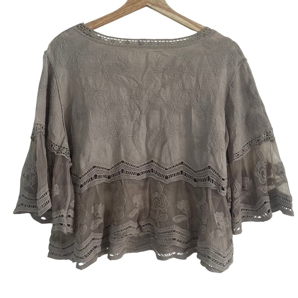 Womens Boho Lace Blouse Sheer Embroidered Cropped Lagenlook Romantic Flowy - Picture 7 of 9